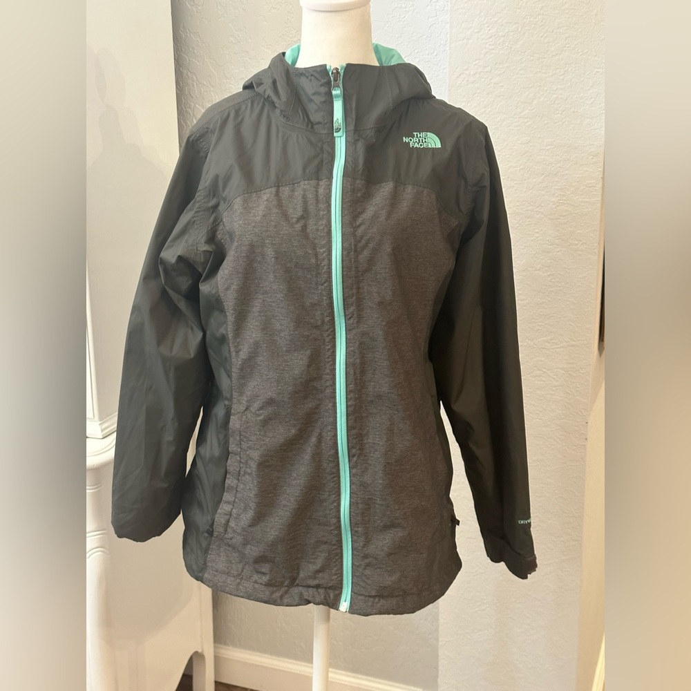 Preowned North face Zip up Girls Size XL Grey and Teal/Mint